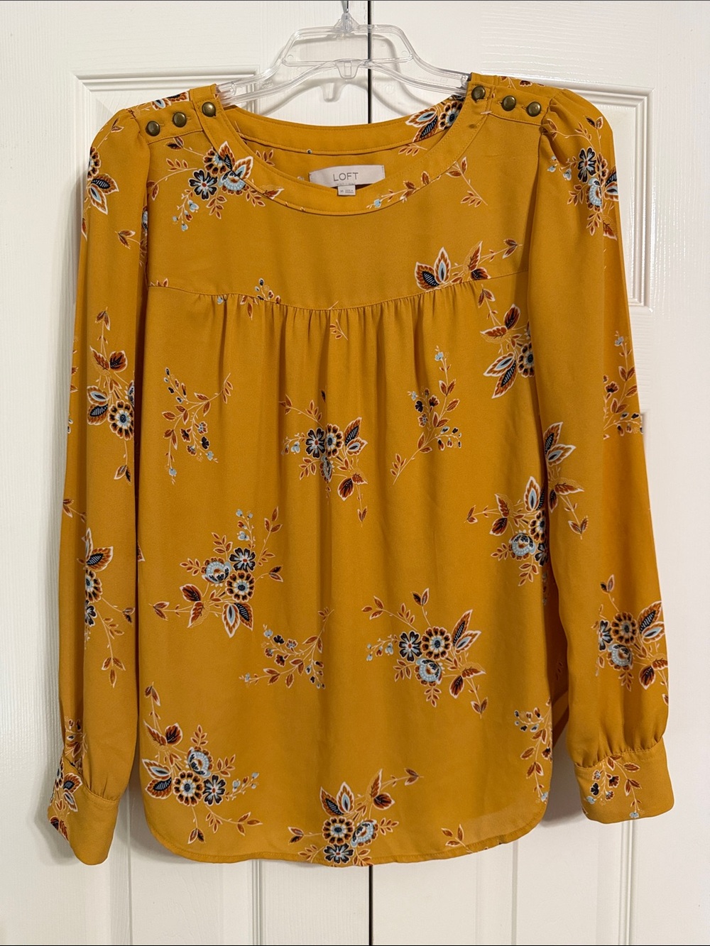 LOFT Blouse Size XS Mustard Floral Button-Shoulder Long Sleeves